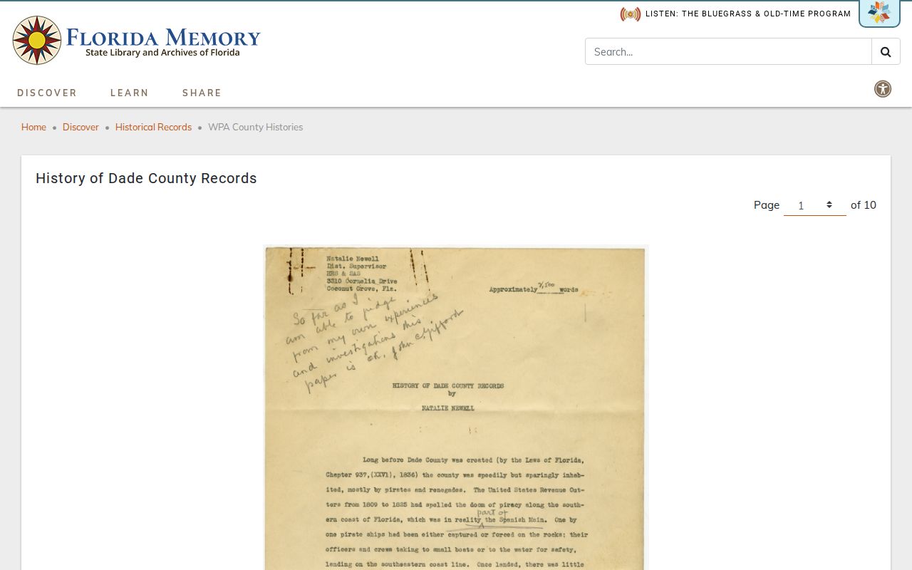 Florida Memory Dade County records survey used for early Doral city directory context