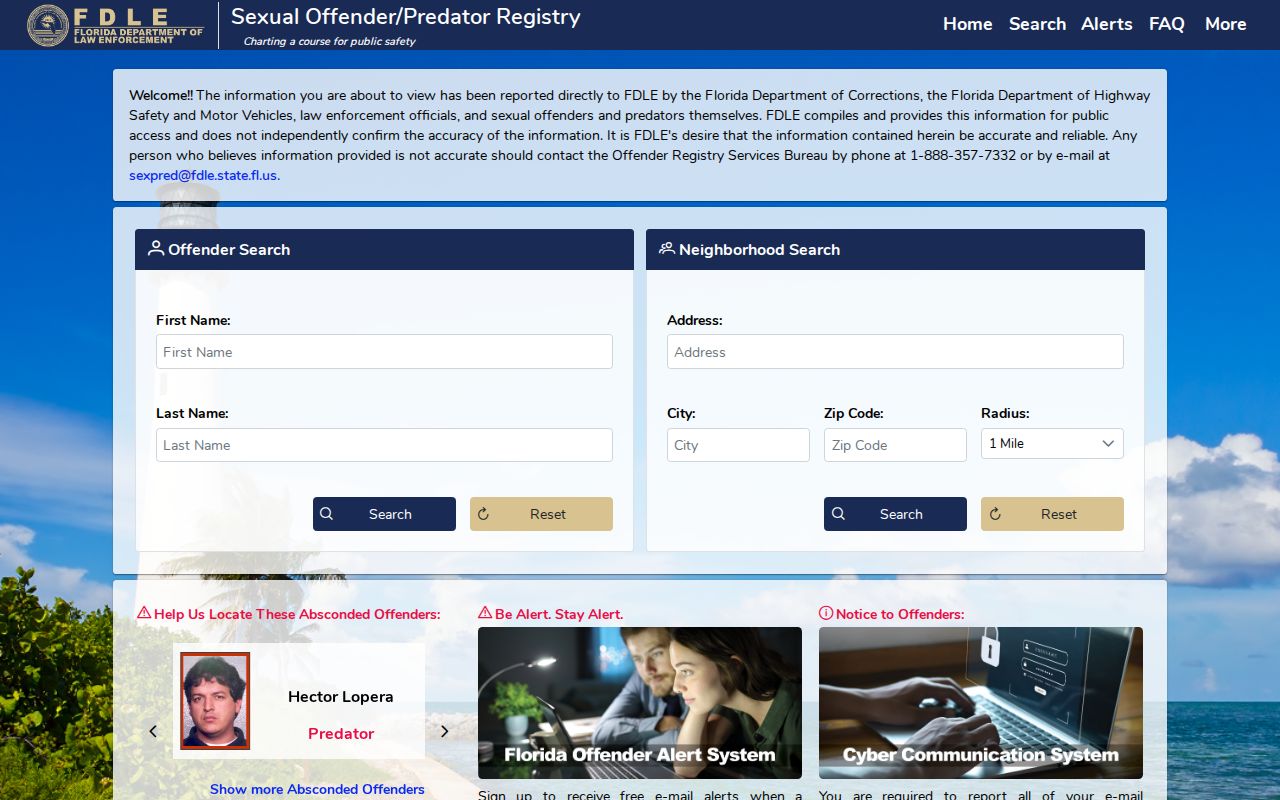 FDLE neighborhood registry search with address and radius fields for Doral