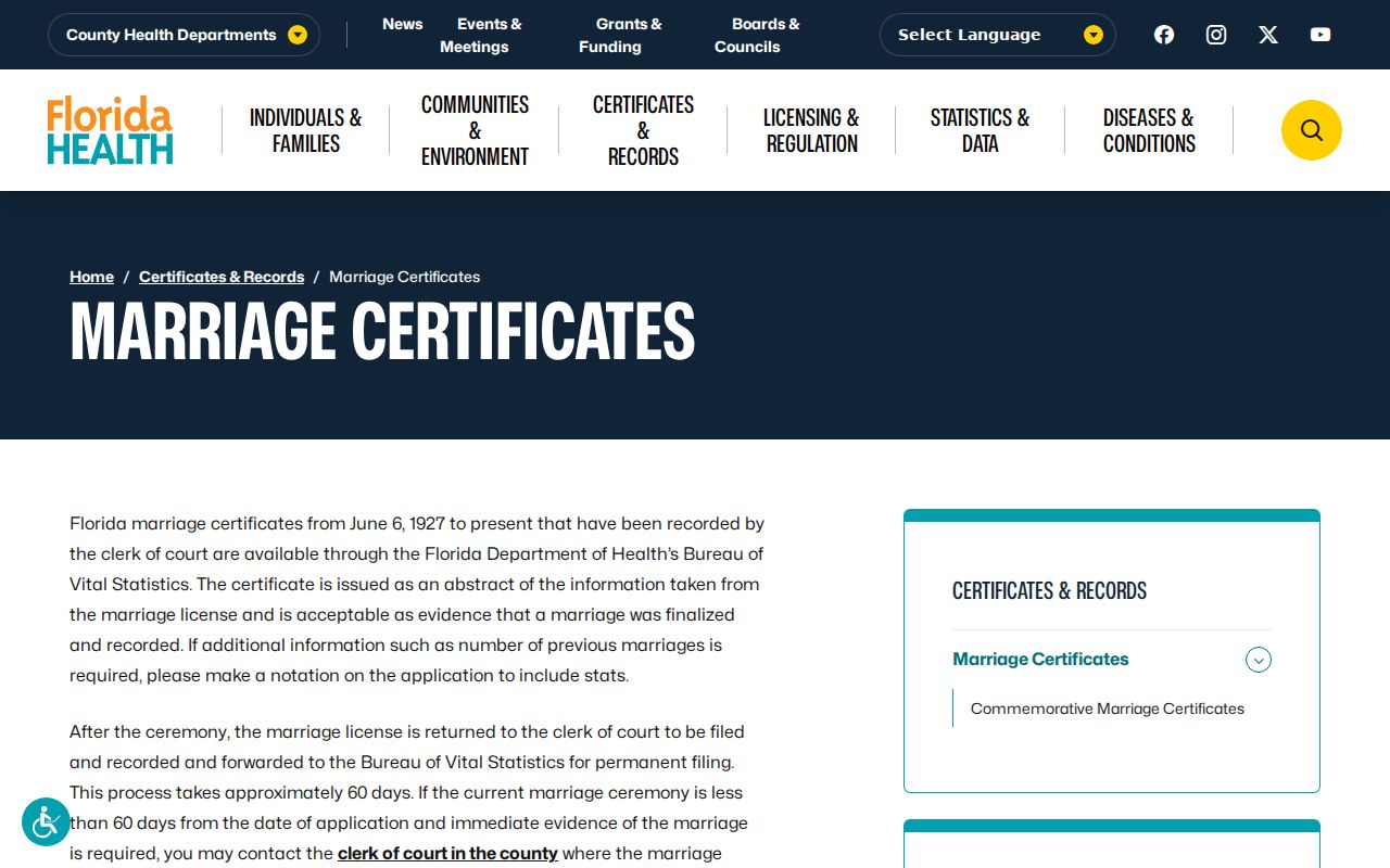 Florida marriage certificate access page used to verify Doral family-history links