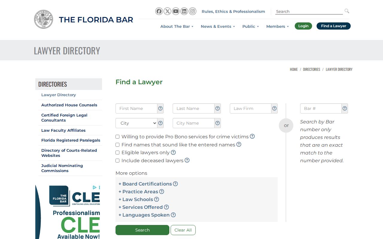 Florida Bar member search used to confirm a Doral attorney's public affiliation