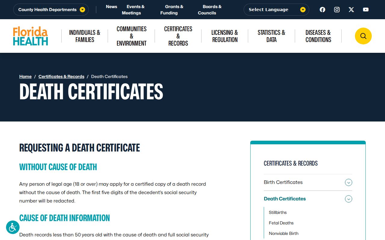 Florida death certificate access page for Doral resident verification