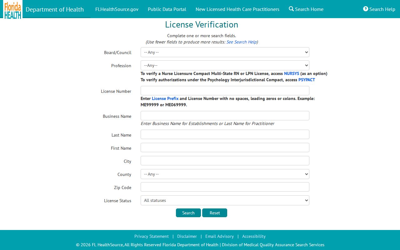 Florida health care license search for confirming a Doral resident affiliation