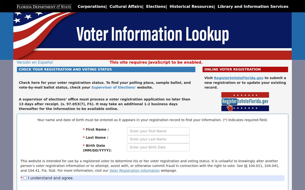 Florida voter status form for verifying a Doral voter record