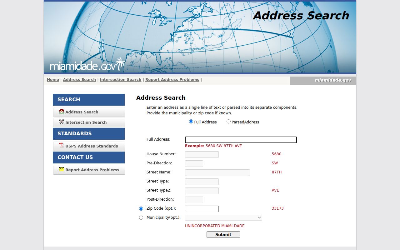 Miami-Dade official address search for standardizing a Doral street address